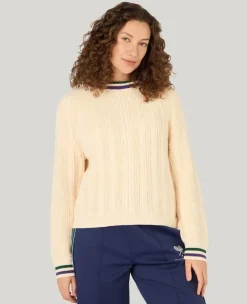 Wimbledon Cable Knit Crew Neck Sweater in Cream-Women Knitwear|Sweatshirts & Hoodies