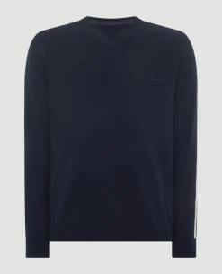 Wimbledon Contrast Stripe V-Neck Sweater in Navy- Knitwear