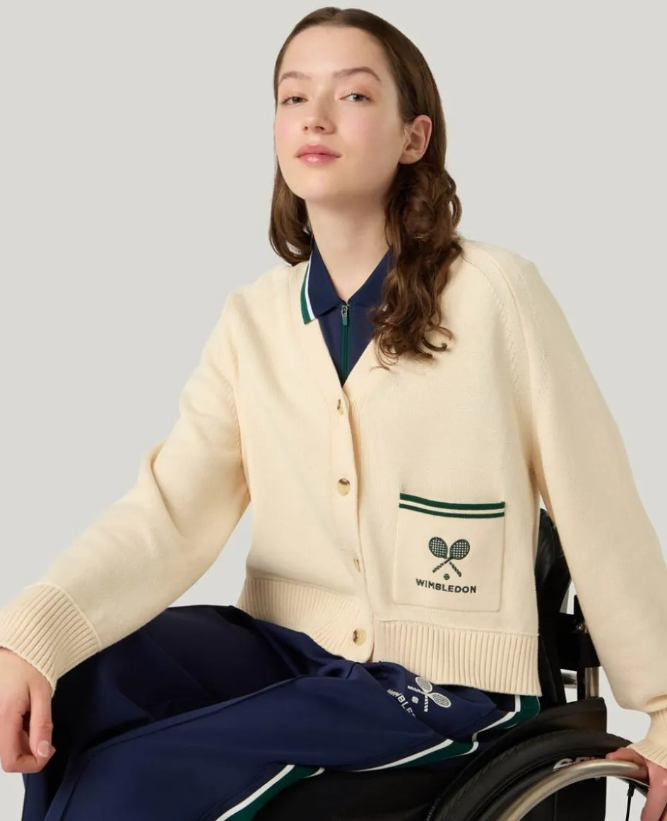 Wimbledon Crossed Racket Crop Cardigan in Cream-Women Knitwear|Sweatshirts & Hoodies