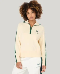 Wimbledon Crossed Racket 1/4 Zip Cardigan in Cream-Women Knitwear