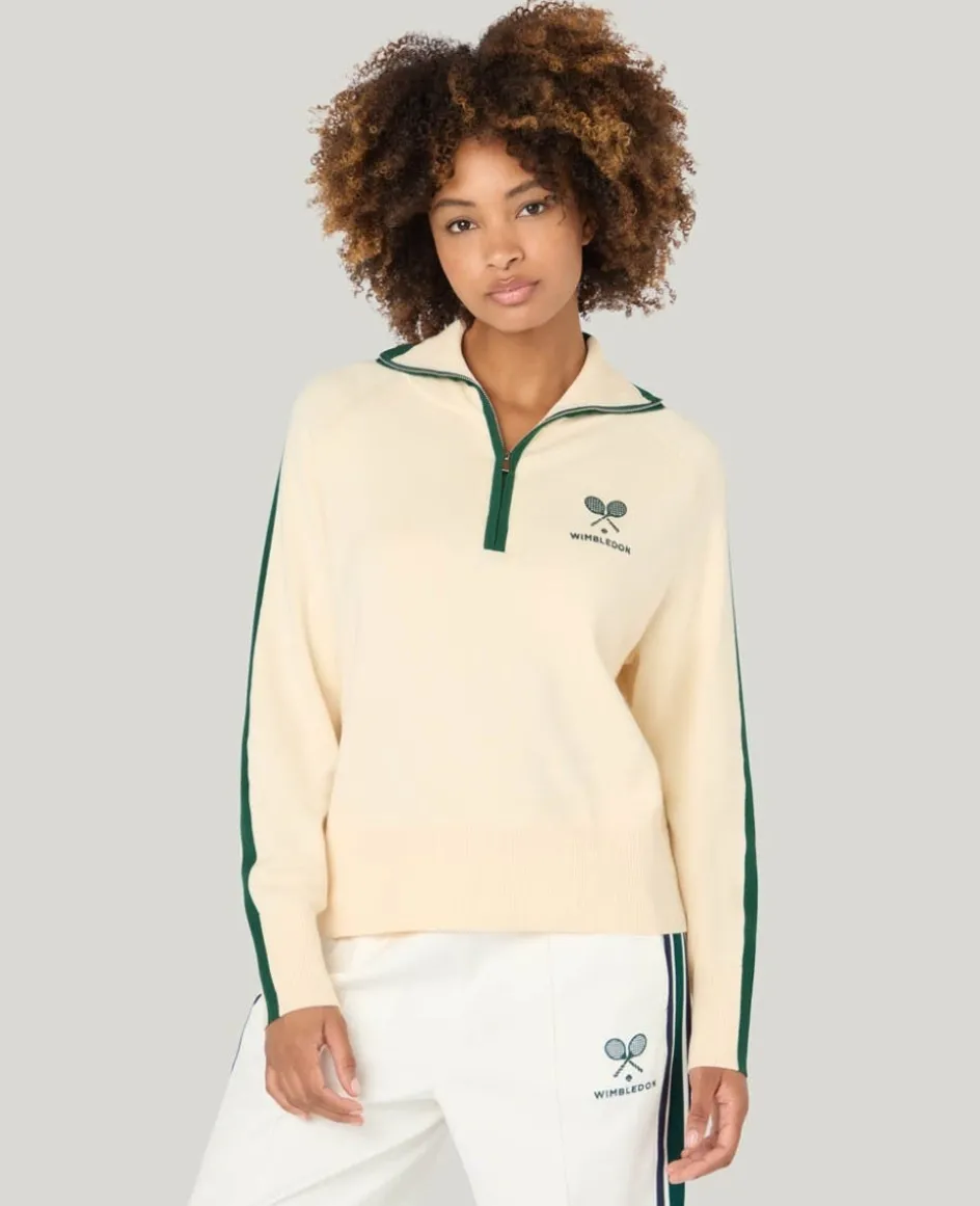 Wimbledon Crossed Racket 1/4 Zip Cardigan in Cream-Women Knitwear