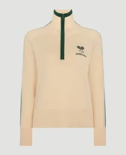 Wimbledon Crossed Racket 1/4 Zip Cardigan in Cream-Women Knitwear