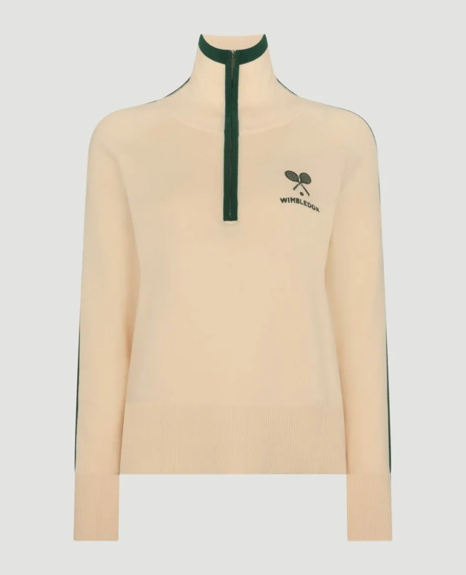 Wimbledon Crossed Racket 1/4 Zip Cardigan in Cream-Women Knitwear
