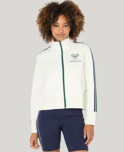 Wimbledon High Neck Zip Front Stripe Track Jacket in White-Women Jackets & Coats
