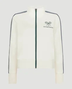 Wimbledon High Neck Zip Front Stripe Track Jacket in White-Women Jackets & Coats