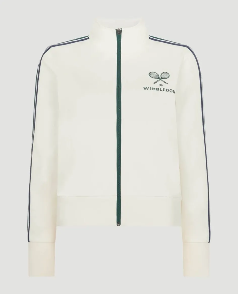 Wimbledon High Neck Zip Front Stripe Track Jacket in White-Women Jackets & Coats