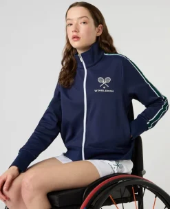 Wimbledon High Neck Zip Front Stripe Track Jacket in Navy-Women Jackets & Coats