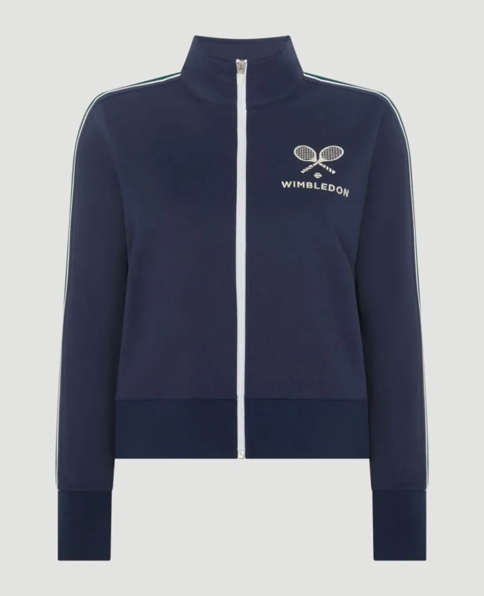 Wimbledon High Neck Zip Front Stripe Track Jacket in Navy-Women Jackets & Coats
