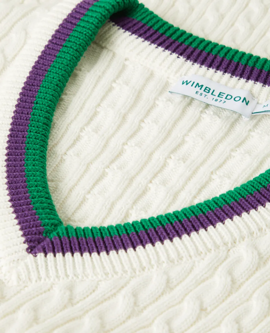 Wimbledon Mens Core Long Sleeve Cable Knit - White- Knitwear