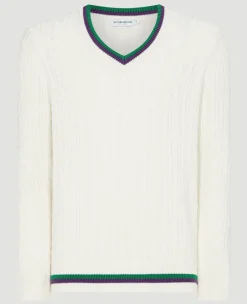 Wimbledon Mens Core Long Sleeve Cable Knit - White- Knitwear