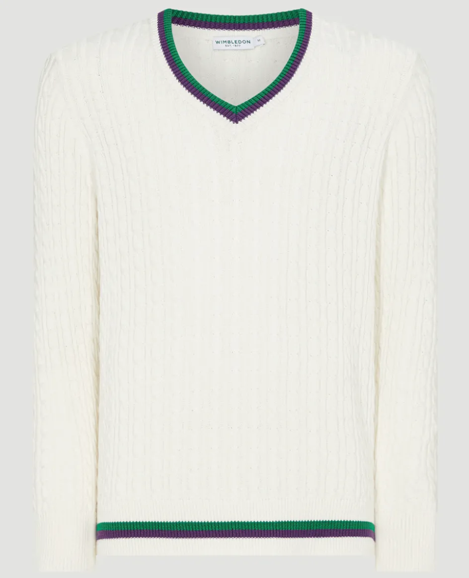 Wimbledon Mens Core Long Sleeve Cable Knit - White- Knitwear
