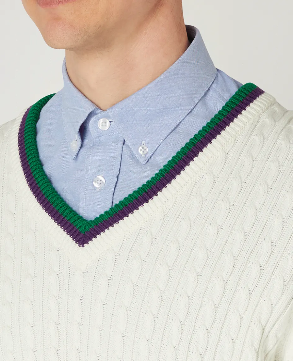 Wimbledon Mens Core Long Sleeve Cable Knit - White- Knitwear