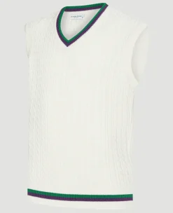 Wimbledon Mens Core Sleeveless Cable Knit - White- Knitwear