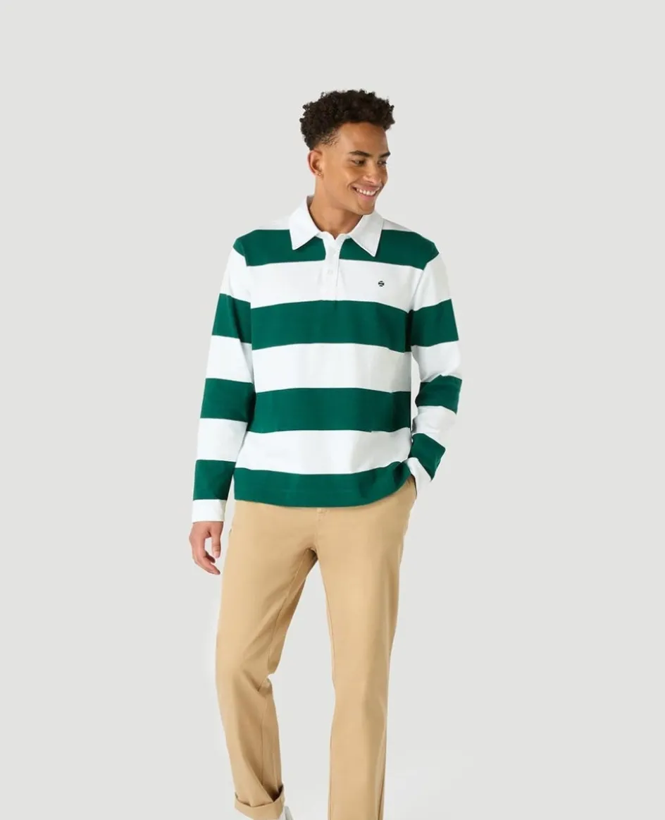 Wimbledon Mens Long Sleeve Rugby Polo - White & Green- Polo Shirts