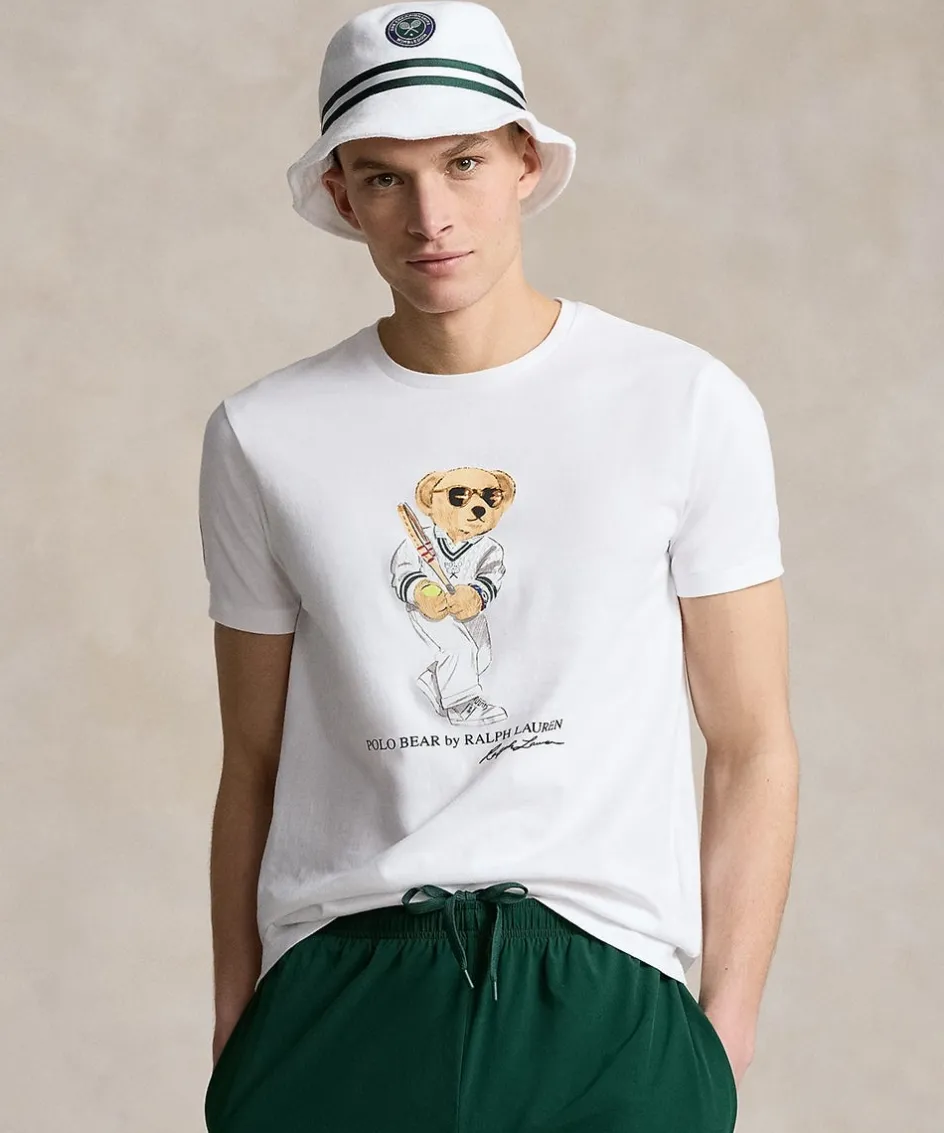 Wimbledon Polo Ralph Lauren Mens Custom Slim Polo Bear T-Shirt - White- T-Shirts