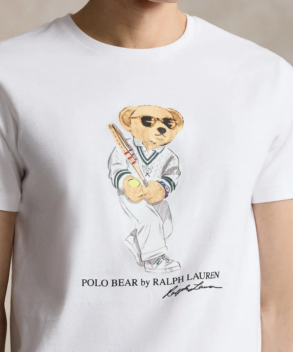 Wimbledon Polo Ralph Lauren Mens Custom Slim Polo Bear T-Shirt - White- T-Shirts