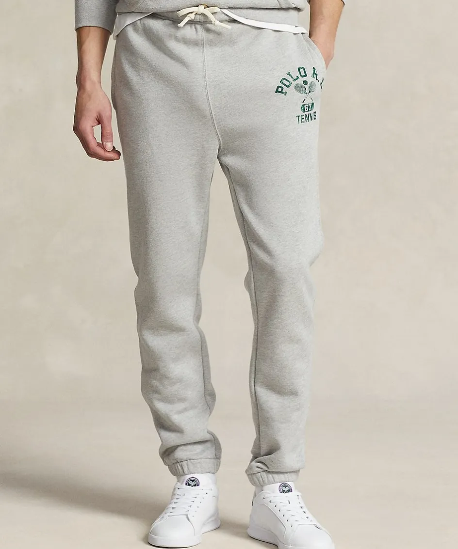 Wimbledon Polo Ralph Lauren Mens Fleece Graphic Sweatpant - Grey- Trousers & Shorts