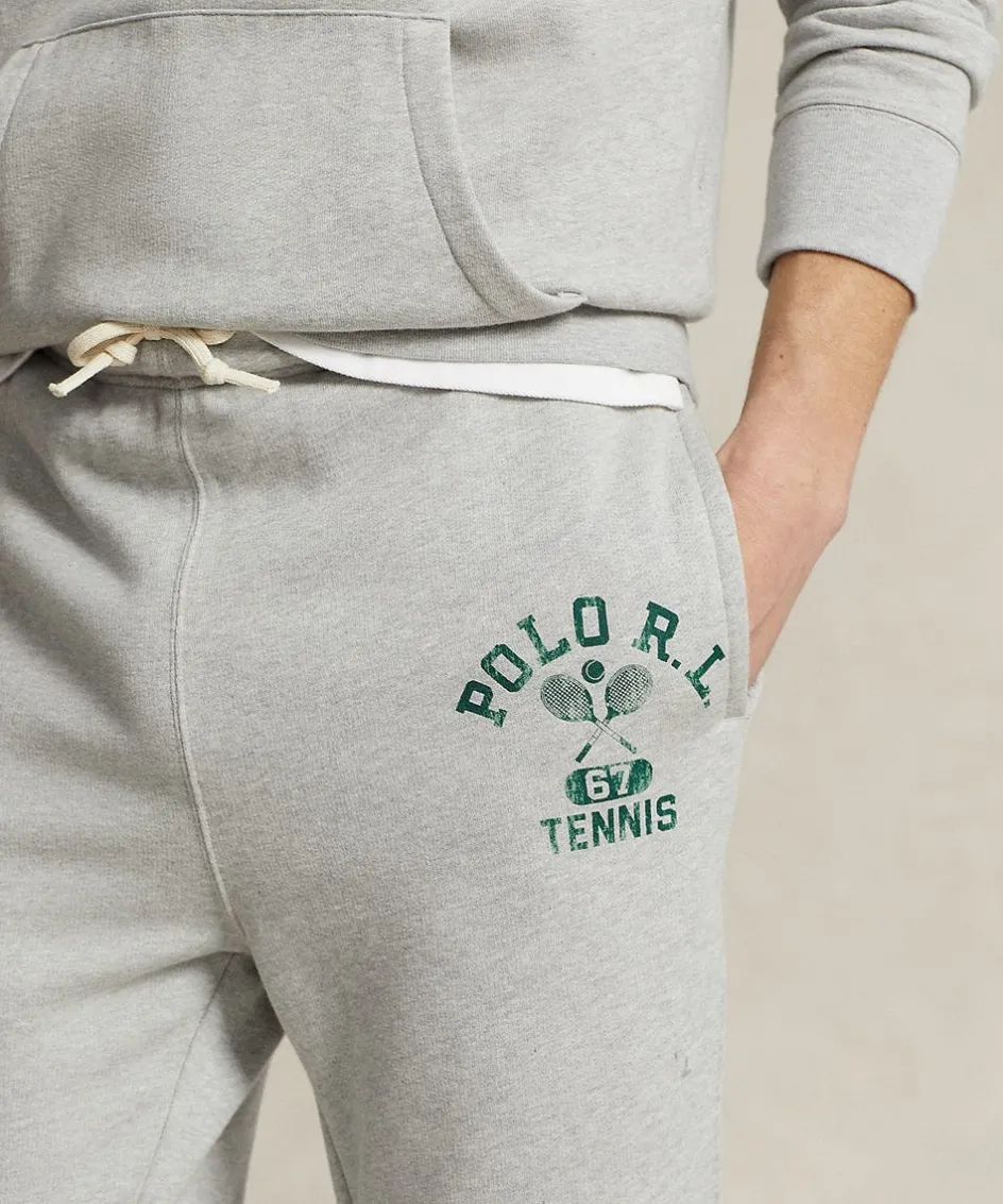 Wimbledon Polo Ralph Lauren Mens Fleece Graphic Sweatpant - Grey- Trousers & Shorts