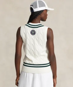 Wimbledon Polo Ralph Lauren Womens Cable-Knit Cotton Vest - White-Women Knitwear