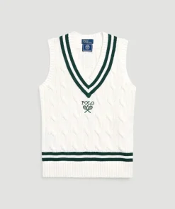 Wimbledon Polo Ralph Lauren Womens Cable-Knit Cotton Vest - White-Women Knitwear