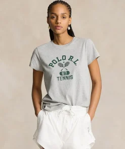 Wimbledon Polo Ralph Lauren Womens Graphic Jersey T-Shirt - Grey-Women Tops & T-Shirts