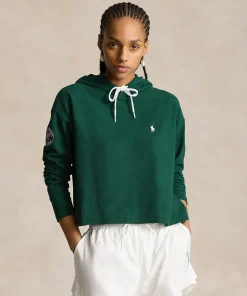 Wimbledon Polo Ralph Lauren Womens Piqué Cropped Hoodie - Green-Women Sweatshirts & Hoodies