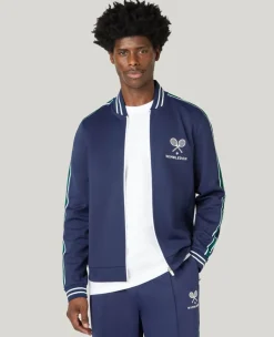 Wimbledon Zip Front Stripe Track Jacket in Navy- Jackets & Coats