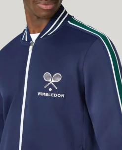 Wimbledon Zip Front Stripe Track Jacket in Navy- Jackets & Coats