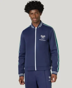 Wimbledon Zip Front Stripe Track Jacket in Navy- Jackets & Coats